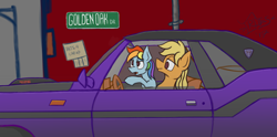 Size: 3028x1504 | Tagged: safe, artist:irdes, derpibooru import, applejack, rainbow dash, earth pony, pegasus, pony, car, duo, street, undercover