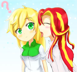 Size: 1124x1056 | Tagged: safe, artist:jumboz95, applejack, sunset shimmer, equestria girls, appleshimmer, blushing, clothes, eyes closed, female, humanized, lab coat, lesbian, shipping, tongue out