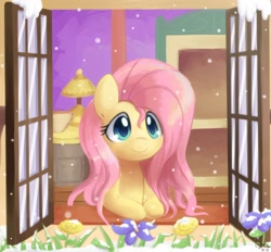 Size: 1400x1300 | Tagged: safe, artist:solar-slash, fluttershy, pegasus, pony, cute, snow, snowfall, solo, window