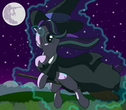 Size: 3507x3052 | Tagged: safe, artist:animanatole, starlight glimmer, pony, unicorn, broom, clothes, costume, cutie mark, flying, flying broomstick, forest, full moon, hat, hill, levitation, looking at you, magic, mare in the moon, moon, mountain, night, night sky, one eye closed, self-levitation, shadow, smiling, solo, stars, telekinesis, tree, wink, witch, witch hat