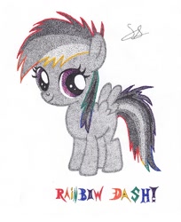 Size: 639x784 | Tagged: safe, artist:thestipplebrony, derpibooru import, rainbow dash, pegasus, pony, female, filly, filly rainbow dash, pointillism, solo, stipple, traditional art, younger