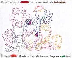 Size: 972x777 | Tagged: safe, artist:thestipplebrony, derpibooru import, applejack, fluttershy, pinkie pie, rainbow dash, rarity, twilight sparkle, earth pony, pegasus, pony, unicorn, mane six, pointillism, quote, stipple, traditional art