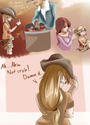 Size: 1280x1766 | Tagged: safe, artist:sundown, applejack, human, applejack's hat, applejack's parents, brush, brushing, clothes, crying, hat, humanized, lip bite, parent