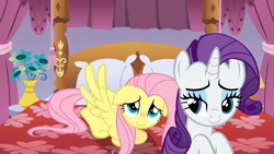 Size: 1366x768 | Tagged: safe, fluttershy, rarity, pegasus, pony, unicorn, bed, bedroom eyes, female, flarity, lesbian, shipping, wingboner