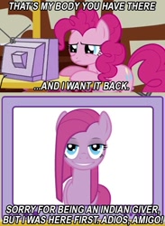 Size: 564x770 | Tagged: safe, artist:fruztal, pinkie pie, earth pony, pony, exploitable meme, meme, parody, pinkamena diane pie, total recall, tv meme