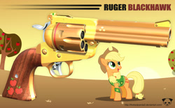 Size: 1280x795 | Tagged: safe, artist:the bad panda2, applejack, earth pony, pony, 3d, cutie mark, gun, gunified, my little arsenal, pistol, revolver, weapon