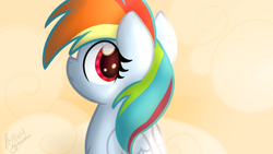 Size: 1024x576 | Tagged: safe, artist:littleblackraencloud, derpibooru import, rainbow dash, pegasus, pony, bright, cloud, cute, female, folded wings, looking at you, looking back, mare, rear view, solo, sunlight, three quarter view, wings