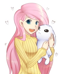 Size: 800x1000 | Tagged: safe, artist:solar-slash, angel bunny, fluttershy, clothes, cute, female, heart, hug, humanized, open mouth, shyabetes, sweater, sweatershy