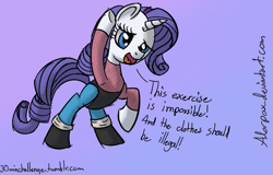 Size: 715x457 | Tagged: safe, artist:alorpax, rarity, pony, unicorn, female, horn, mare, solo, workout, workout outfit