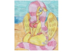 Size: 834x588 | Tagged: safe, artist:biacaty, fluttershy, anthro, beach, bikini, clothes, swimsuit