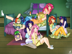 Size: 2400x1800 | Tagged: safe, artist:kikirdcz, applejack, fluttershy, pinkie pie, rainbow dash, rarity, spike, sunset shimmer, twilight sparkle, equestria girls, alternate mane seven, appledash, bed, blood, book, bunny slippers, clothes, female, flarity, human spike, humanized, lesbian, mane seven, mane six, nosebleed, phone, reading, shipping, sleepover, slippers, smartphone, socks, stockings, sunsetsparkle