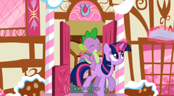 Size: 640x355 | Tagged: safe, derpibooru import, screencap, spike, twilight sparkle, dragon, lesson zero, duo focus, mlp-captions, sugarcube corner