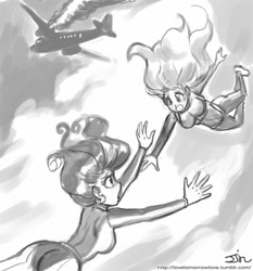 Size: 735x788 | Tagged: safe, artist:johnjoseco, fluttershy, rarity, human, grayscale, humanized, monochrome, skydiving