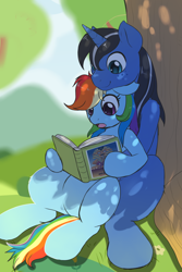 Size: 1200x1800 | Tagged: safe, artist:evomanaphy, derpibooru import, rainbow dash, oc, oc:night rain, pegasus, pony, unicorn, book, canon x oc, cuddling, cute, daaaaaaaaaaaw, daring do books, dashabetes, dashrain, featureless crotch, female, flat colors, male, mare, outdoors, patreon, patreon reward, reading, shadow, shipping, sitting, smiling, spooning, stallion, straight, tree