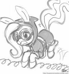 Size: 735x788 | Tagged: safe, artist:johnjoseco, fluttershy, pegasus, pony, barbed wire, bunny ears, clothes, cute, dangerous mission outfit, female, goggles, grayscale, hoodie, mare, monochrome, solo