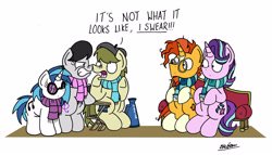 Size: 2844x1630 | Tagged: safe, artist:bobthedalek, dj pon-3, octavia melody, starlight glimmer, sunburst, vinyl scratch, oc, oc:kettle master, earth pony, pony, unicorn, angry, beret, casting couch, caught, chair, clothes, cup, dialogue, megaphone, nose wrinkle, not what it looks like, open mouth, scarf, simple background, sitting, sofa, spotlight stealing squad, underhoof, white background, wide eyes