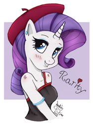 Size: 900x1200 | Tagged: safe, artist:joakaha, rarity, anthro, beatnik rarity, beret, clothes, earring, hat, heart, tanktop