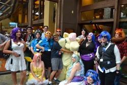 Size: 3456x2304 | Tagged: safe, artist:layettes, fluttershy, human, convention, cosplay, everfree northwest, fursuit, group photo, irl, irl human, james wootton, photo