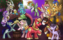 Size: 1280x828 | Tagged: safe, artist:sciggles, angel wings, big macintosh, discord, flash sentry, princess ember, starlight glimmer, trouble shoes, oc, oc:barley tender, oc:caramel malt, oc:sappho, dragon, earth pony, pegasus, pony, unicorn, apple tree, barmel, barrel, bipedal, bipedal leaning, bow, cider, ciderfest, claws, clothes, colored hooves, cutie mark, dragon wings, dragoness, drinking, eyes closed, fangs, female, floppy ears, flying, full moon, grin, hair bow, hat, hooves, horn, horns, jack-o-lantern, leaning, lidded eyes, looking at each other, male, mare, mare in the moon, moon, mug, night, night sky, open mouth, ponyville ciderfest, prone, pumpkin, sitting, sky, smiling, solo, spread wings, stars, tankard, tree, wings