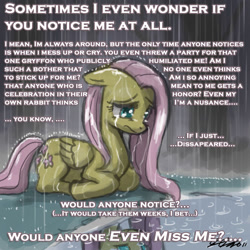 Size: 900x900 | Tagged: safe, artist:johnjoseco, fluttershy, pegasus, pony, depressed, female, mare, text