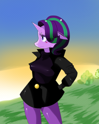 Size: 832x1040 | Tagged: safe, artist:traupa, starlight glimmer, anthro, blushing, breasts, clothes, female, floppy ears, lidded eyes, pantyhose, skirt, solo, starlight jiggler, sweater, turtleneck