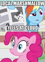 Size: 642x878 | Tagged: safe, derpibooru import, edit, edited screencap, screencap, pinkie pie, rainbow dash, rarity, earth pony, pony, daring done?, crossing the memes, image macro, meme, old man yells at cloud, rarity is a marshmallow, simpsons did it, the simpsons