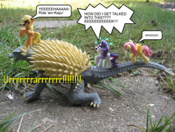 Size: 950x713 | Tagged: safe, artist:greatteacherdicenso, applejack, fluttershy, rarity, kaiju, anguirus, crossover, godzilla (series), irl, photo, toy