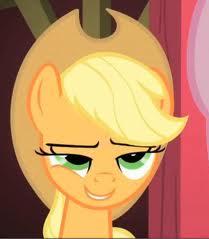 Size: 209x239 | Tagged: safe, applejack, earth pony, pony, blonde mane, female, mare, orange coat, reaction image, smirk, solo