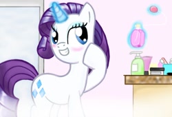 Size: 1024x698 | Tagged: safe, artist:izeah, rarity, pony, unicorn, magic, makeup, perfume, solo