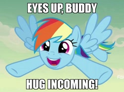 Size: 1420x1059 | Tagged: safe, derpibooru import, edit, edited screencap, screencap, rainbow dash, pegasus, pony, daring done?, bronybait, cloud, female, flying, happy, image macro, incoming hug, mare, meme, open mouth, sky, smiling, solo, spread wings, wings