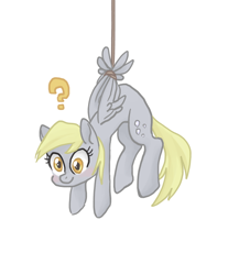 Size: 540x653 | Tagged: safe, artist:bikkisu, derpy hooves, pegasus, pony, cute, female, hanging, mare, question mark, rope, simple background, solo, suspended, tied up