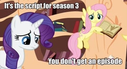 Size: 851x467 | Tagged: safe, fluttershy, rarity, pegasus, pony, unicorn, caption, female, horn, image macro, mare