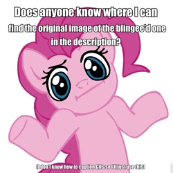 Size: 945x945 | Tagged: safe, pinkie pie, earth pony, pony, blingee, halp, image macro, meme, meta