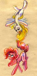 Size: 493x1000 | Tagged: safe, artist:maytee, pinkie pie, surprise, earth pony, pony, g1, flying, g1 to g4, generation leap, traditional art, upside down