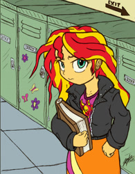 Size: 1024x1316 | Tagged: safe, artist:artponymdp, sunset shimmer, equestria girls, book, lockers, solo