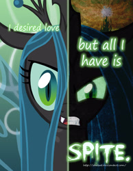 Size: 2000x2577 | Tagged: safe, artist:starbat, queen chrysalis, changeling, changeling queen, angry, female, fury, hate, high res, looking at you, magic, poster, singing in the comments, solo, text, two sided posters