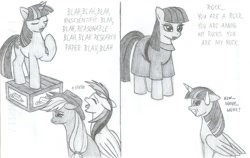 Size: 1712x1085 | Tagged: safe, artist:tectorman, derpibooru import, applejack, maud pie, rainbow dash, twilight sparkle, twilight sparkle (alicorn), alicorn, earth pony, pegasus, pony, bored, comic, female, literal soapbox, mare, monochrome, soapbox, traditional art, yawn