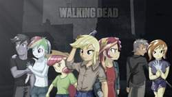 Size: 1280x720 | Tagged: safe, artist:ngrycritic, apple bloom, applejack, rainbow dash, sunset shimmer, equestria girls, style emulation, the walking dead, uotapo-ish