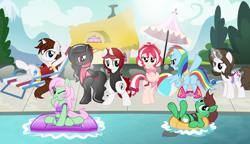 Size: 2730x1575 | Tagged: safe, artist:nxzc88, derpibooru import, rainbow dash, oc, oc:cherry blossom, oc:miles, oc:northern haste, oc:pyrisa miracles, oc:rubbergrip, oc:siram cotoran, oc:southern hustle, oc:spectral wind, pegasus, pony, assisted exposure, bikini, bondage, chillaxing, clothes, embarrassed, embarrassed nude exposure, encasement, female, group picture, ice, magic abuse, mare, midriff, nudity, one-piece swimsuit, relaxing, rule 63, stripped by magic, swimming pool, swimsuit, the legend of zelda, undressing, we don't normally wear clothes