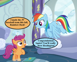 Size: 800x650 | Tagged: safe, derpibooru import, edit, edited screencap, screencap, rainbow dash, scootaloo, pegasus, pony, the cart before the ponies, baseball, cropped, rainbow dash's house, scootaloo will show us games to play, speech bubble, sports