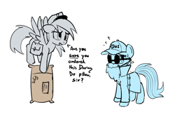 Size: 1887x1240 | Tagged: safe, artist:tallaferroxiv, derpibooru import, derpy hooves, rainbow dash, pegasus, pony, baseball cap, body pillow, box, cap, clothes, coat, costume, dialogue, disguise, fake beard, flying, hat, mail, mailbox, mailmare, nervous, open mouth, package, simple background, sunglasses, white background