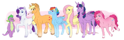 Size: 6152x2005 | Tagged: safe, artist:royvdhel-art, derpibooru import, applejack, fluttershy, pinkie pie, rainbow dash, rarity, spike, twilight sparkle, twilight sparkle (alicorn), alicorn, dragon, earth pony, pegasus, pony, unicorn, diverse body types, female, male, mane seven, mane six, mare, raised hoof, unshorn fetlocks