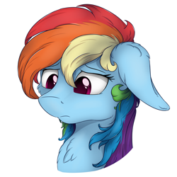 Size: 4050x4050 | Tagged: safe, artist:check3256, derpibooru import, rainbow dash, pegasus, pony, absurd resolution, bust, chest fluff, female, floppy ears, mare, sad, simple background, solo, transparent background