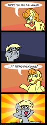 Size: 600x1601 | Tagged: safe, artist:zicygomar, carrot top, derpy hooves, golden harvest, earth pony, pegasus, pony, comic, crying, dialogue, dilated pupils, female, mare, open mouth, shrug, speech bubble, sunburst background