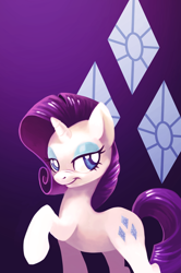Size: 722x1086 | Tagged: dead source, safe, artist:feyrah, rarity, pony, unicorn, cutie mark background, gradient background, head turn, lidded eyes, looking at you, looking sideways, raised hoof, smiling, solo, standing