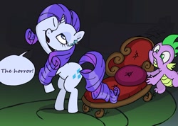 Size: 1280x909 | Tagged: safe, artist:ceberog, rarity, spike, dragon, pony, unicorn, fainting couch, marshmelodrama, sofa, the horror