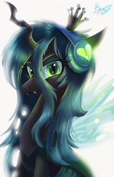 Size: 2320x3613 | Tagged: safe, artist:alexbluebird, queen chrysalis, changeling, changeling queen, crown, female, headphones, jewelry, looking at you, regalia, solo