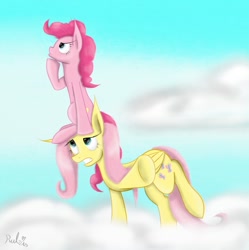 Size: 1074x1080 | Tagged: safe, artist:rulsis, fluttershy, pinkie pie, earth pony, pegasus, pony, duo, duo female, female, mare, pink coat, pink mane, yellow mane