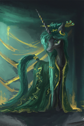 Size: 1000x1500 | Tagged: safe, artist:plainoasis, queen chrysalis, changeling, changeling queen, alternate hairstyle, clothes, dress, ear piercing, earring, female, jewelry, piercing, solo, tail wrap