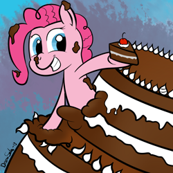 Size: 1000x1000 | Tagged: safe, artist:dreamsnake, pinkie pie, earth pony, pony, cake, cherry, pop out cake, solo